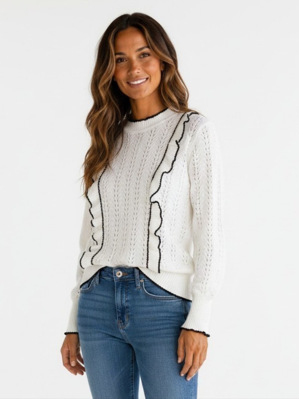 Marc New York Cream Knit Ruffle Sweater with Black Trim Feminine Heavenly